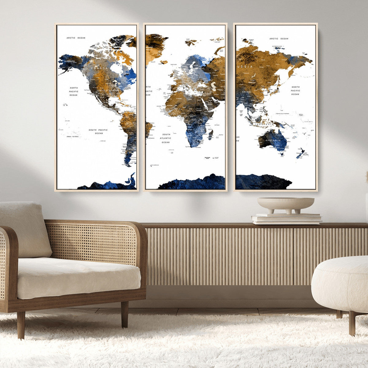 Modern Abstract World Map Canvas Wall Art | Framed Blue and Gold Map Print