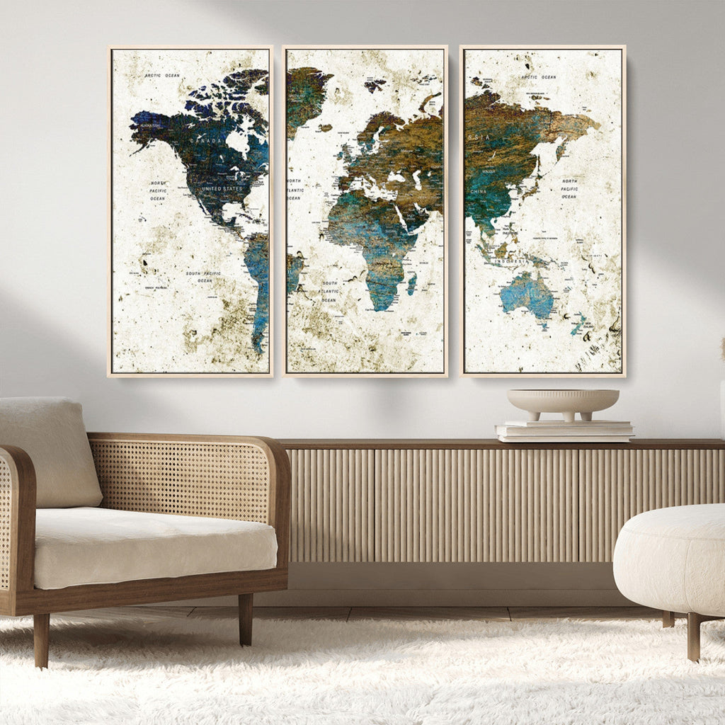 Vintage World Map Wall Art Canvas Print, Framed Rustic Earth Tone Map