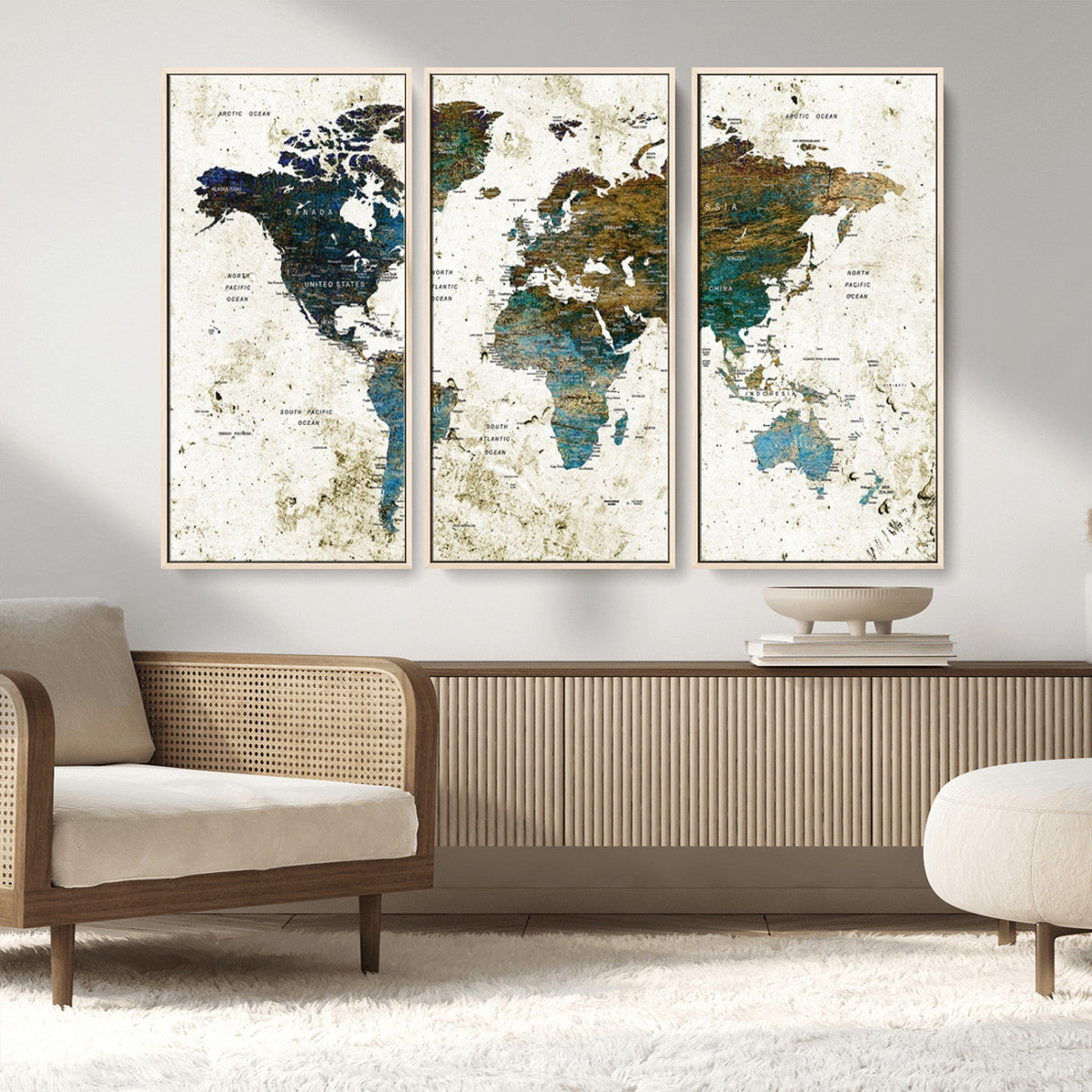 Vintage World Map Wall Art Canvas Print, Framed Rustic Earth Tone Map