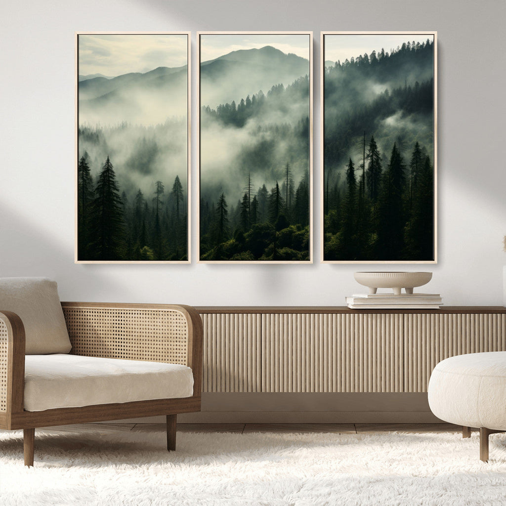 Captivating Misty Forest Wall Art Premium Canvas Print, A Foggy and Serene Atmosphere