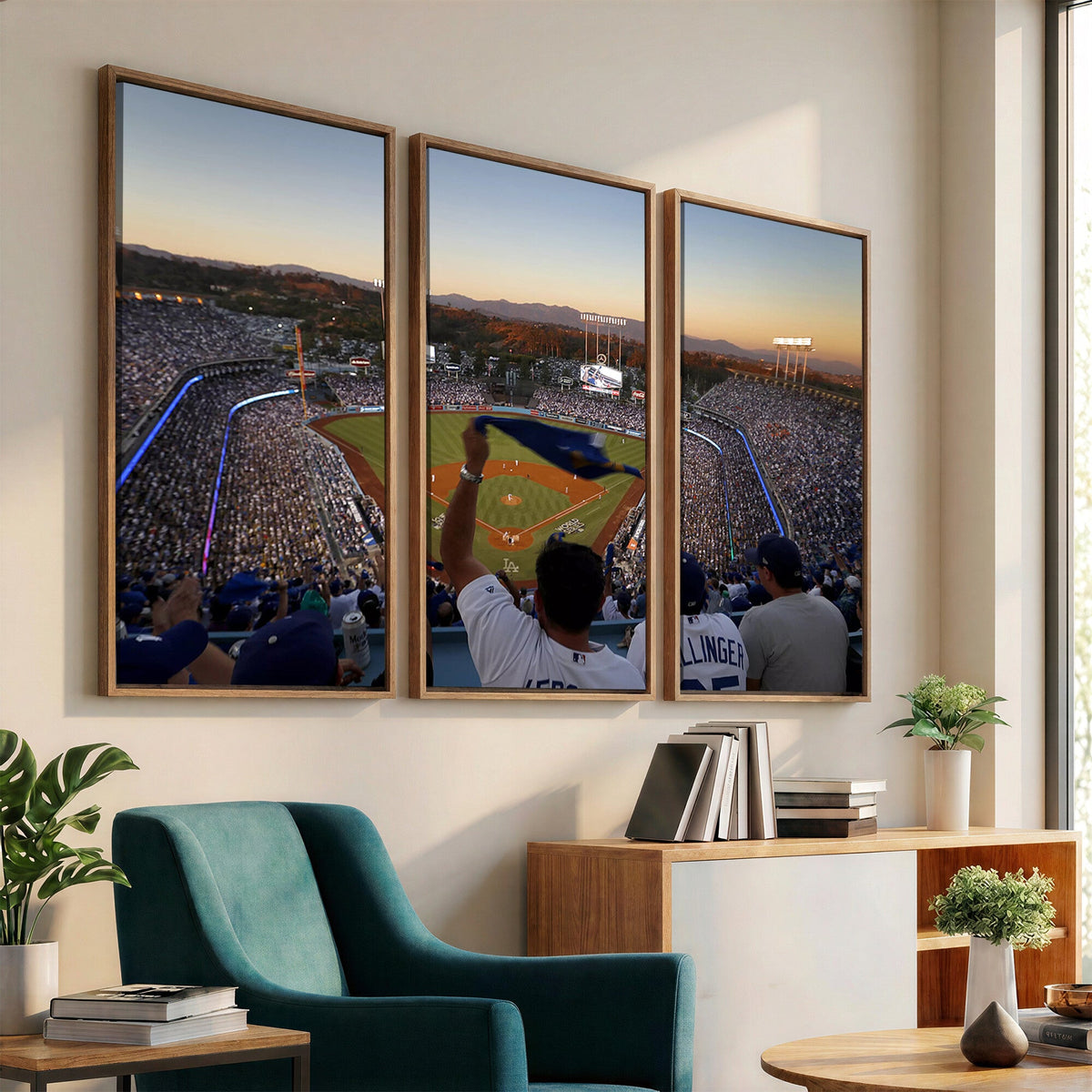 Dodger Stadium Sunset Game Triple Canvas Wall Art, Los Angeles Dodgers MLB Match