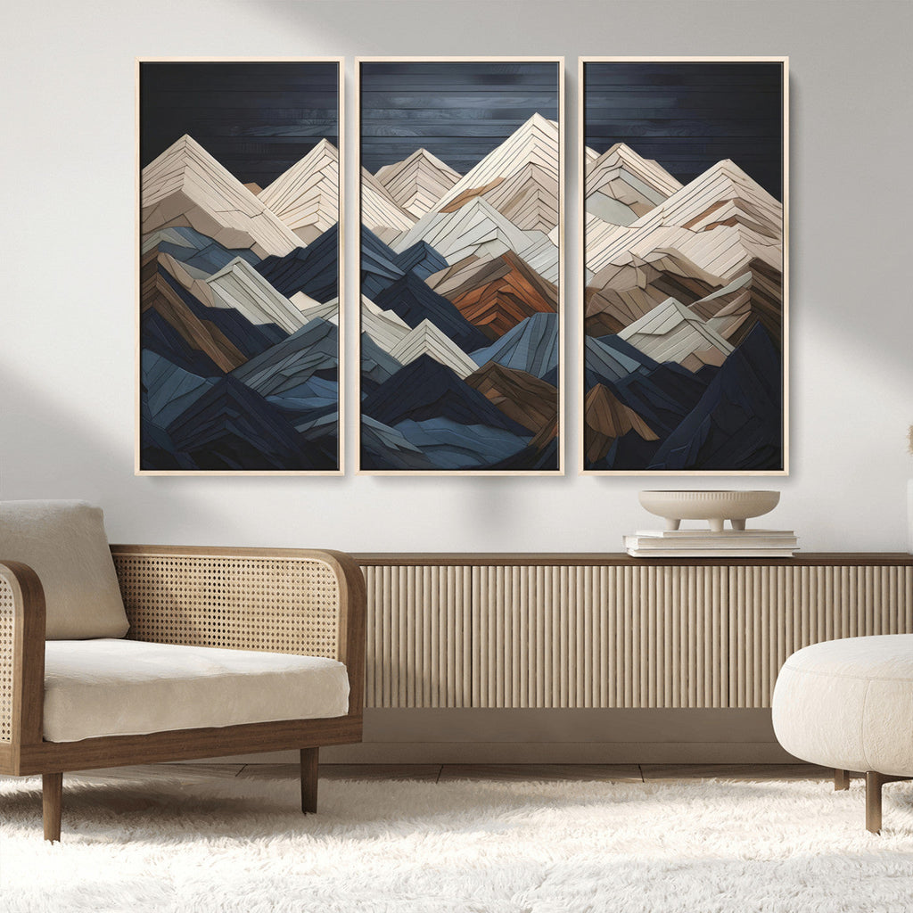 Rustic Mountain Landscape Wall Art Canvas Print, Framed 3D Wooden Effect Mountain Art