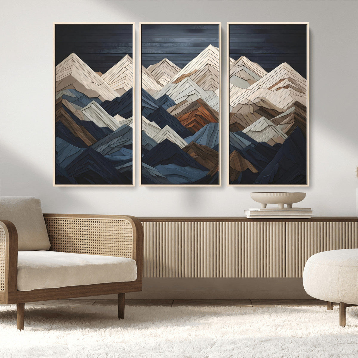 Rustic Mountain Landscape Wall Art Canvas Print, Framed 3D Wooden Effect Mountain Art