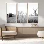 Vintage Farmhouse Black and White Triptych Wall Art, Giclee Canvas with Wheat Fields, Hay Bales and Windmill