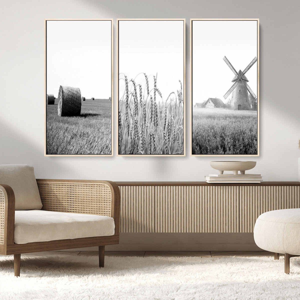 Vintage Farmhouse Black and White Triptych Wall Art, Giclee Canvas with Wheat Fields, Hay Bales and Windmill
