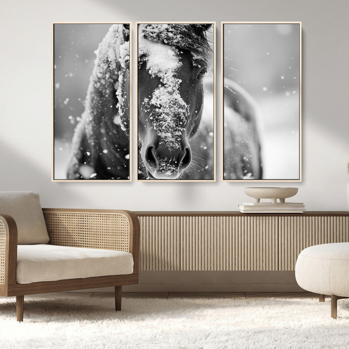 Black and White Horse Winter Wall Art, Ready to Hang