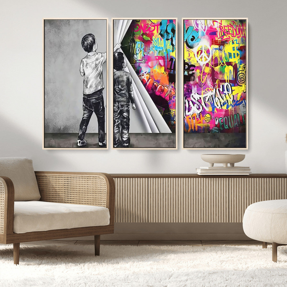 Banksy Print, Street Art Canvas Wall Art, Kids Revealing Graffiti, Urban Modern Decor