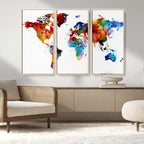 Colorful World Map Canvas Wall Art Print, Contemporary Global Map Artwork