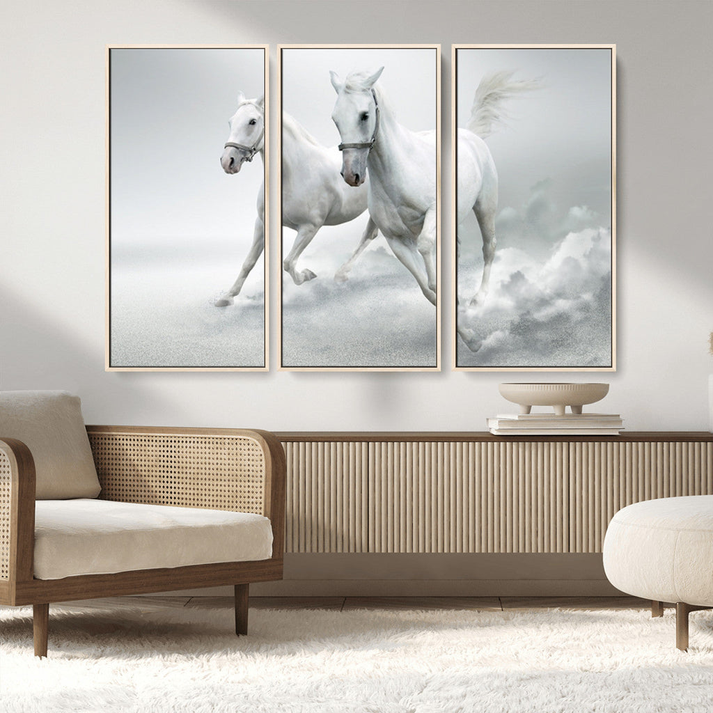 Large Wall Art Canvas Print, Beautiful Running White Horses