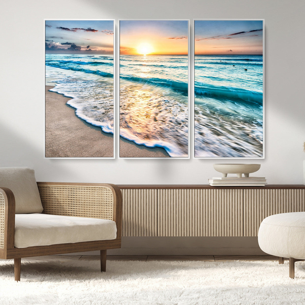 Sunset Beach Waves Canvas Wall Art | Ocean Sunset Coastal Print