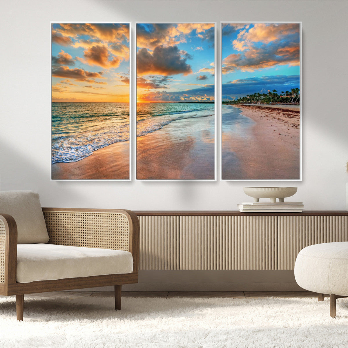 Sunset Beach Canvas Wall Art | Tropical Triptych Seascape Print