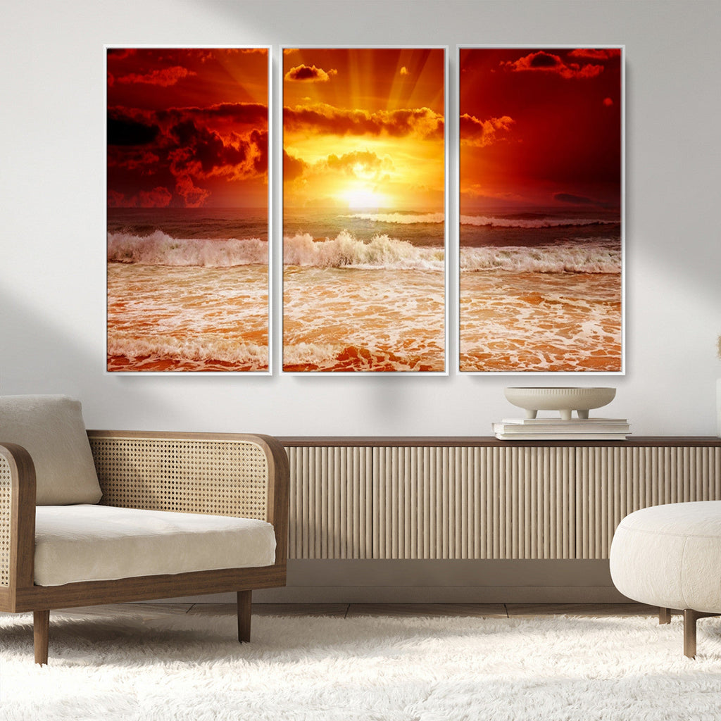 Red Sunset Ocean Beach Canvas Wall Art, Coastal Sunset Print