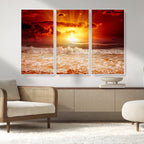 Red Sunset Ocean Beach Canvas Wall Art, Coastal Sunset Print