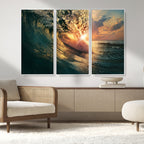 Ocean Wave Sunset Canvas Wall Art | Triptych Seascape Print