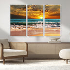 Golden Sunset Beach Canvas Wall Art | Triptych Seascape Print, Framed and Ready to Hang
