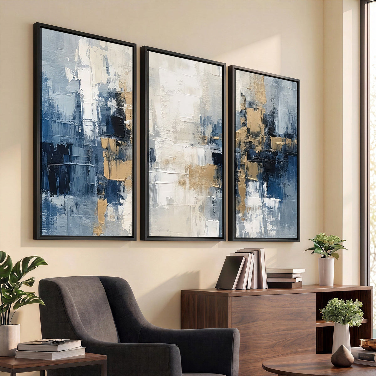 Modern Abstract Canvas Wall Art in Blue and Gold Tones | Large Contemporary Art for Living Room