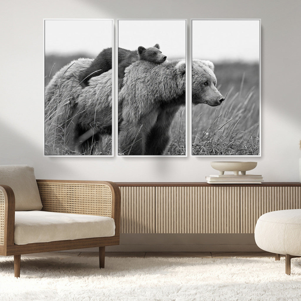 Bear and Cub Wall Art Canvas | Grizzly 399 Bear and Cub Black and White Wildlife Print