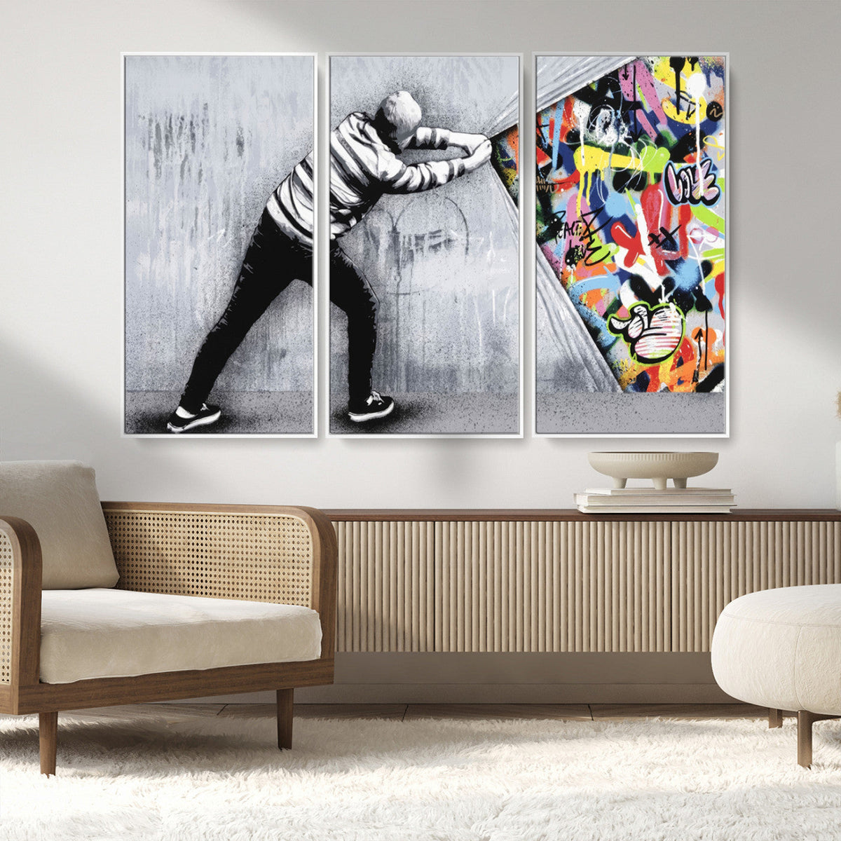 Banksy Art Behind the Curtain Street Wall Art Canvas Print | Urban Graffiti Style Wall Decor