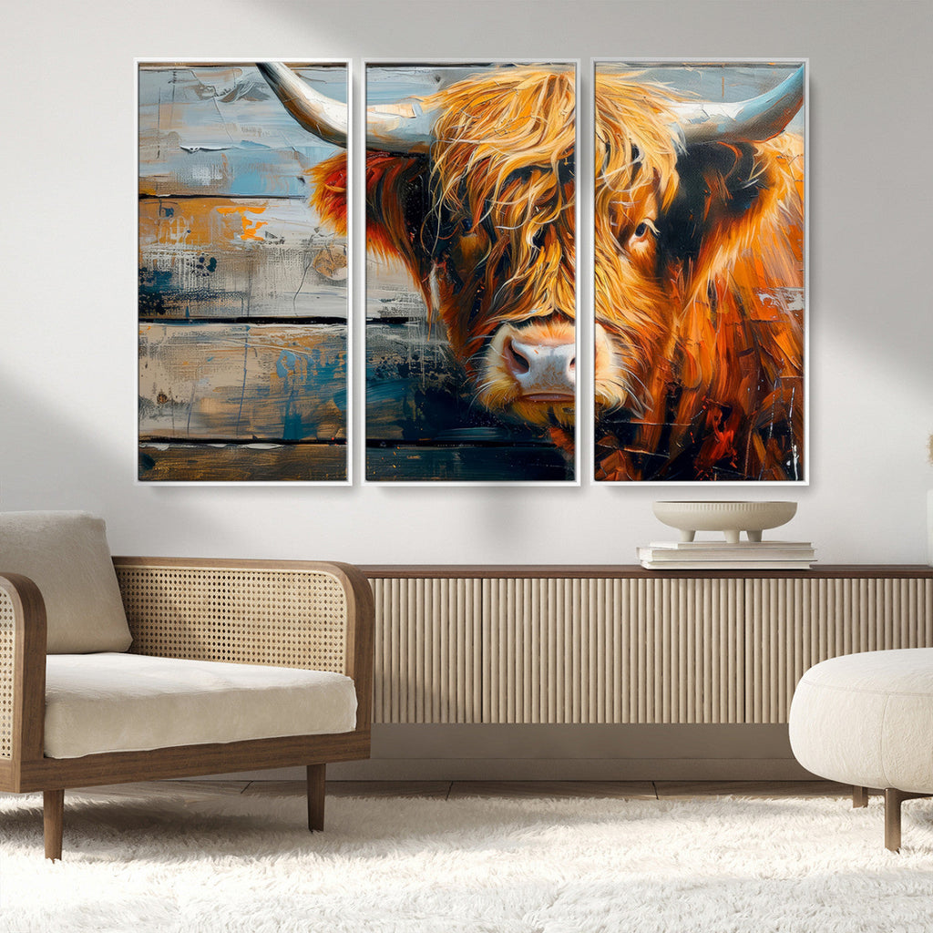 Highland Cow Abstract Canvas Wall Art, Bold Farmhouse Decor