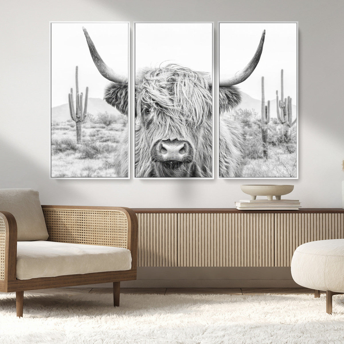 Rustic Charm, Cow Longhorn Black White Bighorn Wall Art