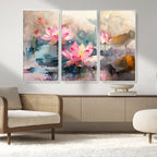 Lotus Flower Wall Art | 3 Panel Giclee Canvas Print of Pink Lotus Blossoms