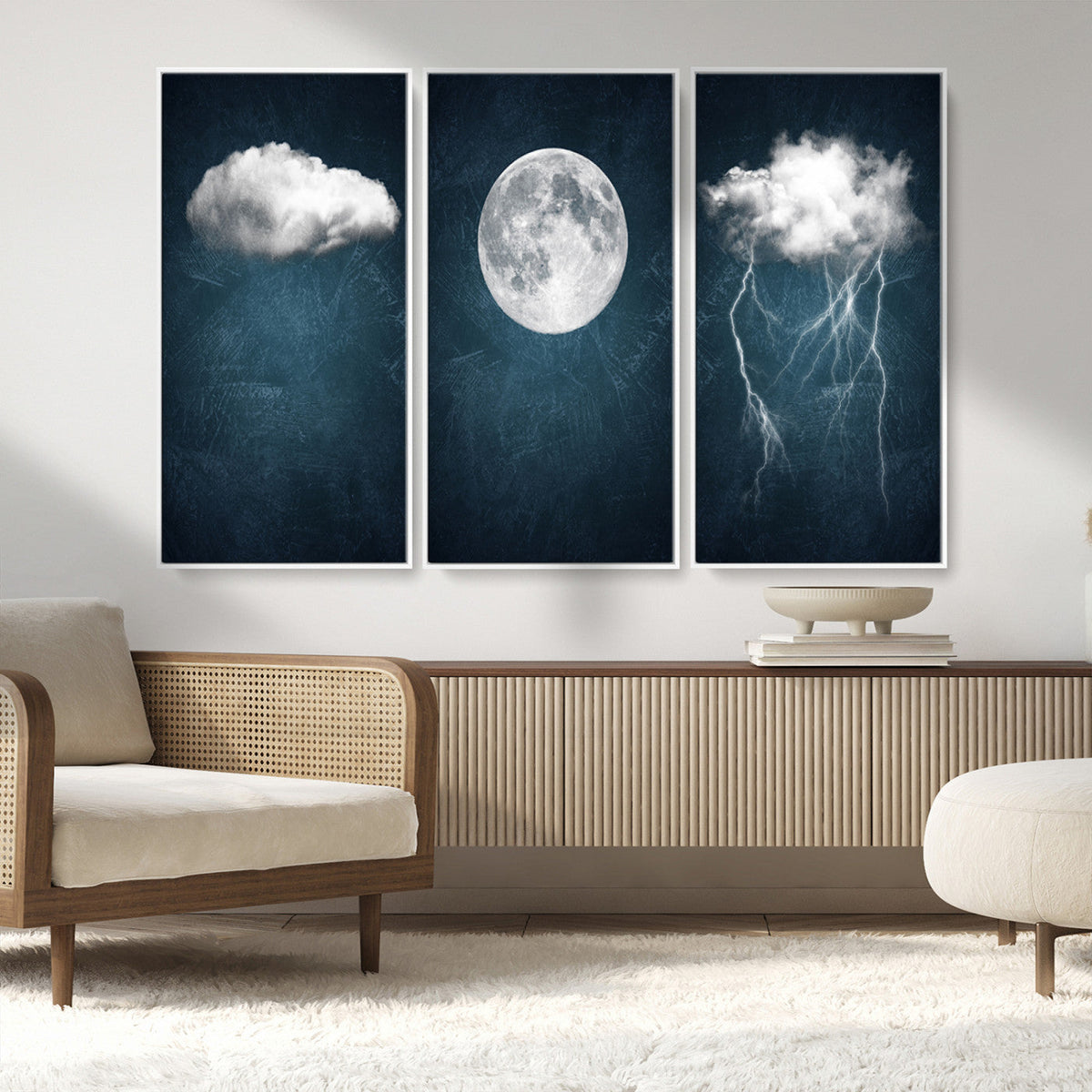 3 Piece Indigo Cloud Wall Art, Thunderstorm Moon Cloud Artwork