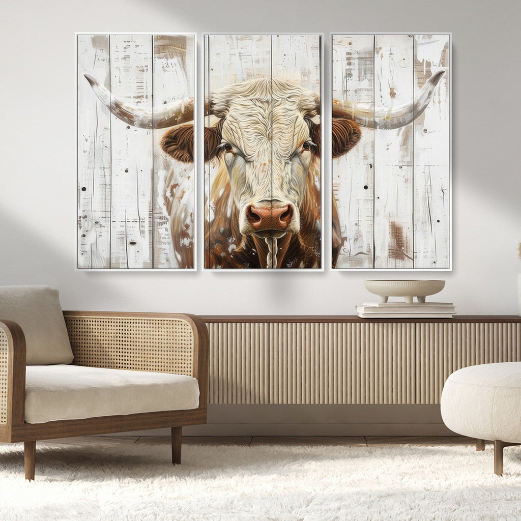 Rustic Longhorn Bull Wall Art Canvas Set