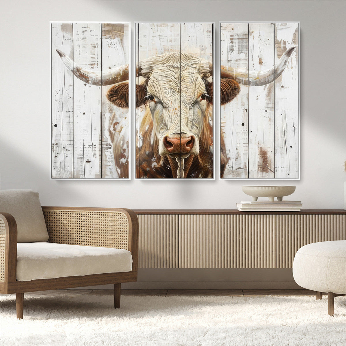 Rustic Longhorn Bull Wall Art Canvas Set