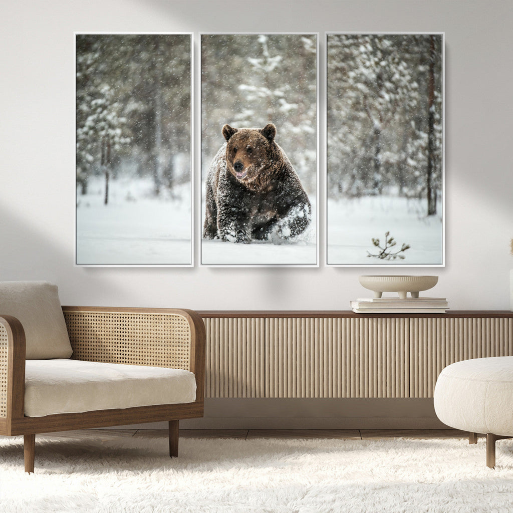 Grizzly Bear Wall Art | Framed Snowy Forest Canvas Artwork