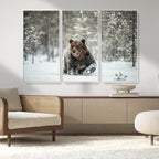 Grizzly Bear Wall Art | Framed Snowy Forest Canvas Artwork