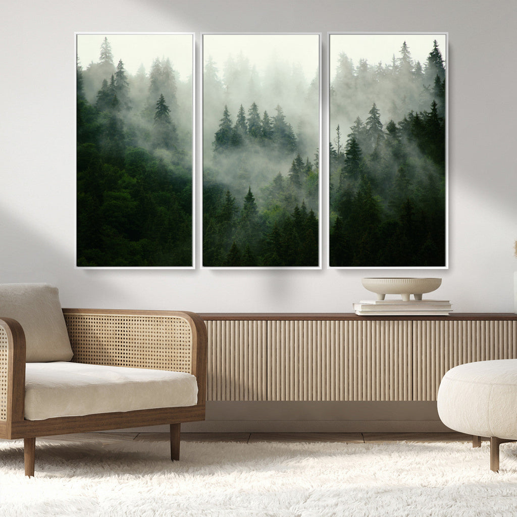 Misty Forest Wall Art | Tranquil Green Woodland Canvas Print