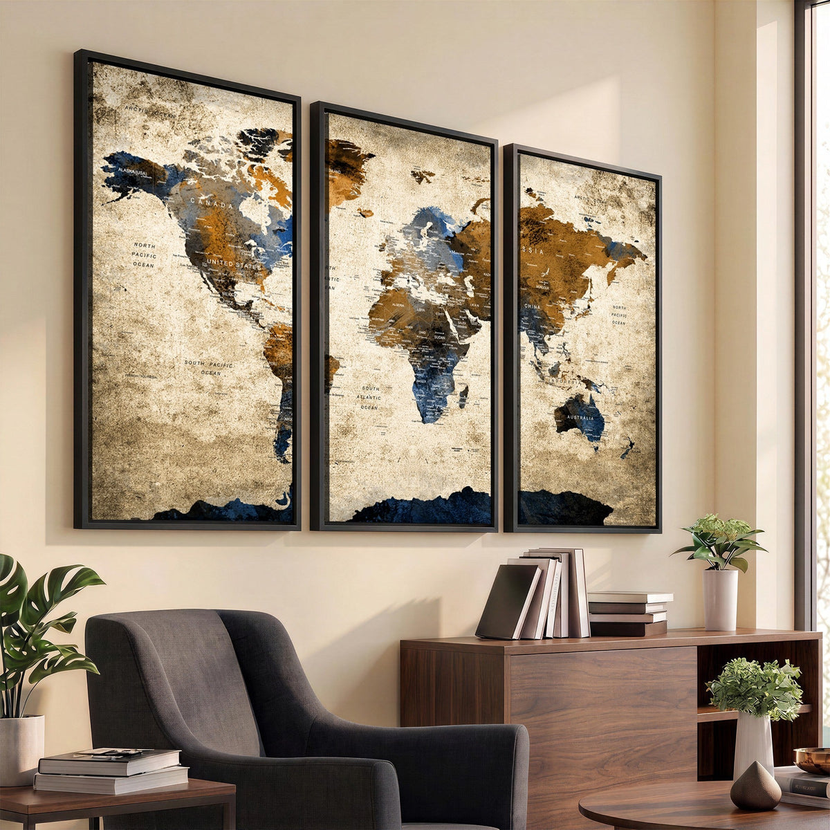 World Map Wall Art | Antique Style Blue and Brown Map Canvas Print