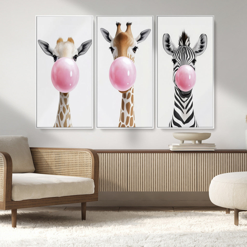 Bubblegum Animals Canvas Wall Art, Playful Giraffe and Zebra Trio, Whimsical Nursery and Kids Room Decor