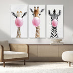 Bubblegum Animals Canvas Wall Art, Playful Giraffe and Zebra Trio, Whimsical Nursery and Kids Room Decor