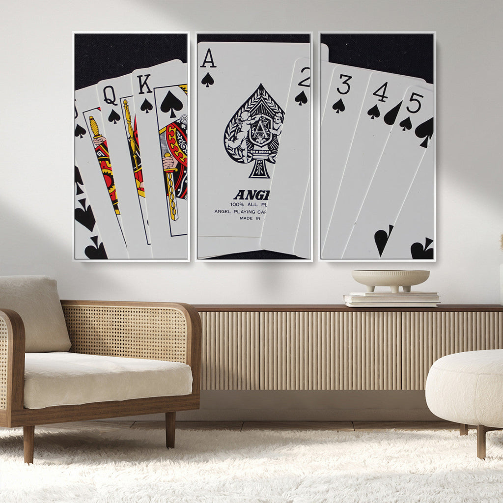 Poker Wall Art - Playing Cards Canvas Wall Art Print - Ace of Spades and Royal Flush Design
