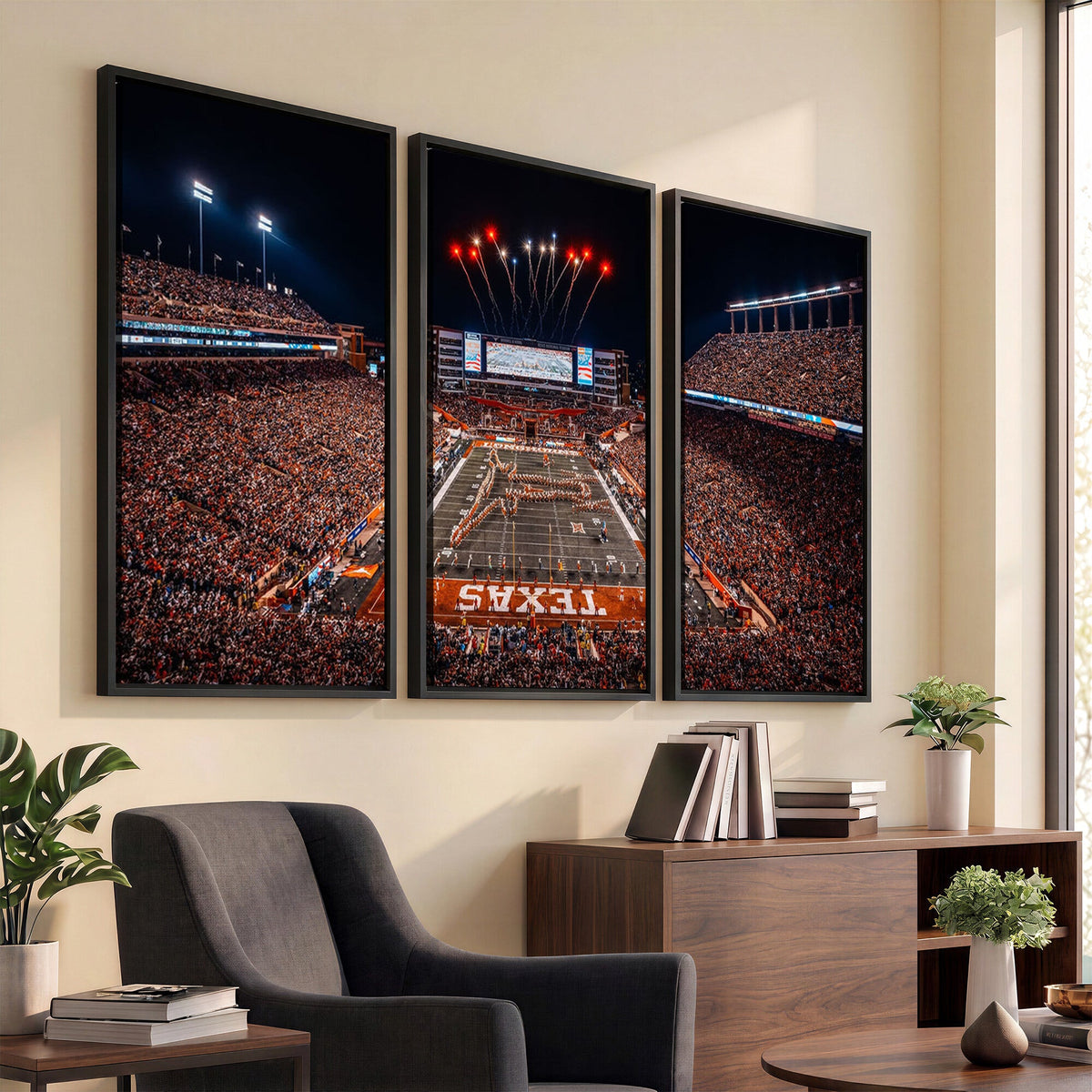 Texas Stadium Night Game Wall Art Canvas Print, Vibrant Football Fireworks Scene