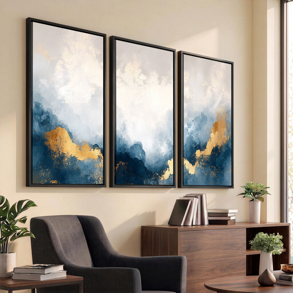 Abstract Blue and Gold Clouds Wall Art Canvas Print, Framed Modern Landscape Artwork