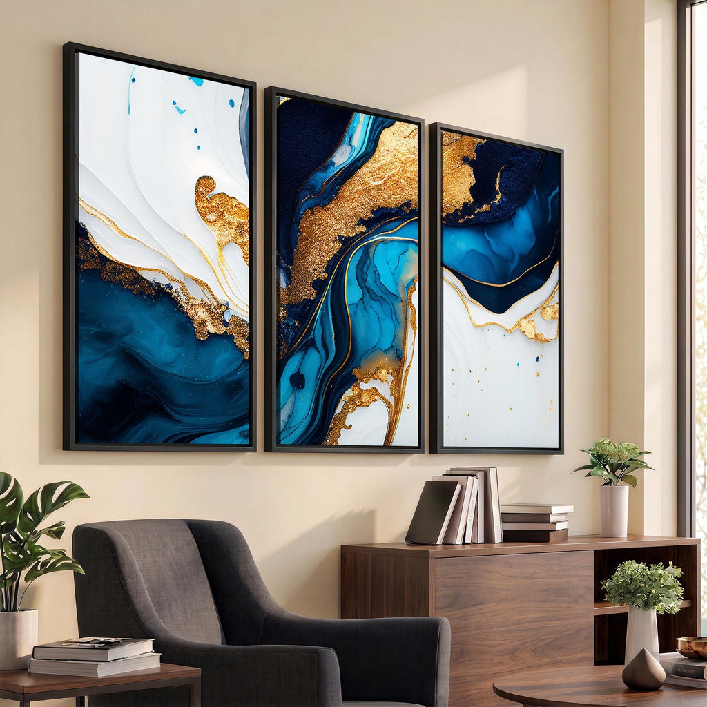 Gold Blue Abstract Canvas Print, Elegant Navy and Gold Marble Flow