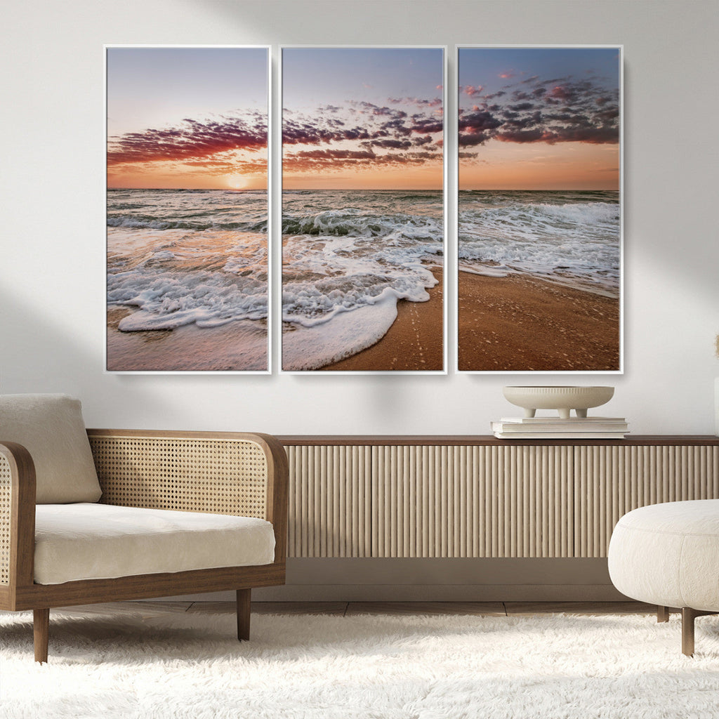 Ocean Sunset Wall Art Canvas Print | Sandy Shore and Gentle Waves