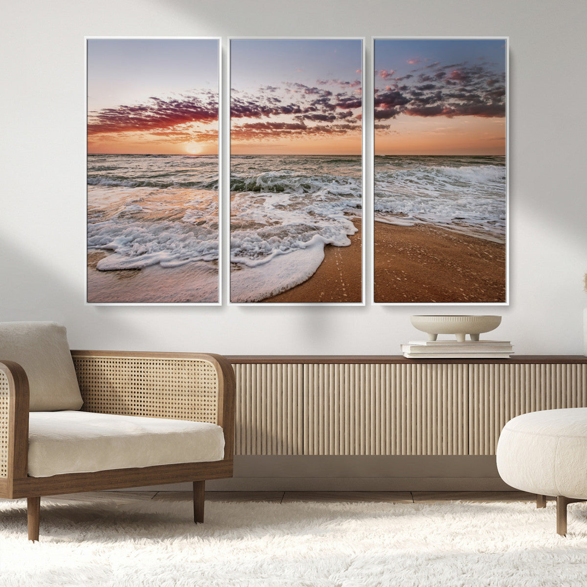 Ocean Sunset Wall Art Canvas Print | Sandy Shore and Gentle Waves