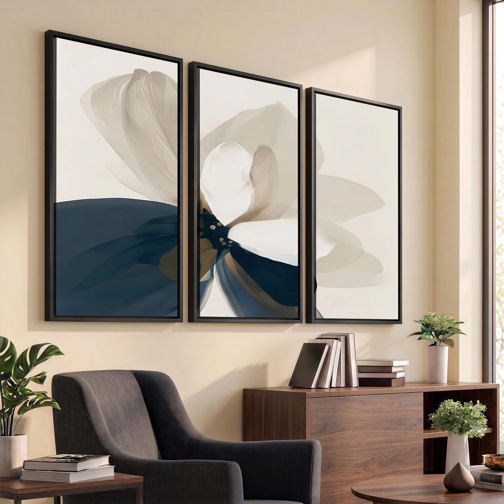 Minimal Flower Wall Art Canvas Print | Framed Beige and Navy Bloom