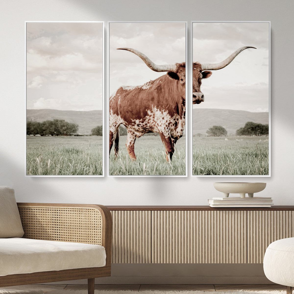 Texas Longhorn Wall Art | Framed Spotted Cattle Canvas