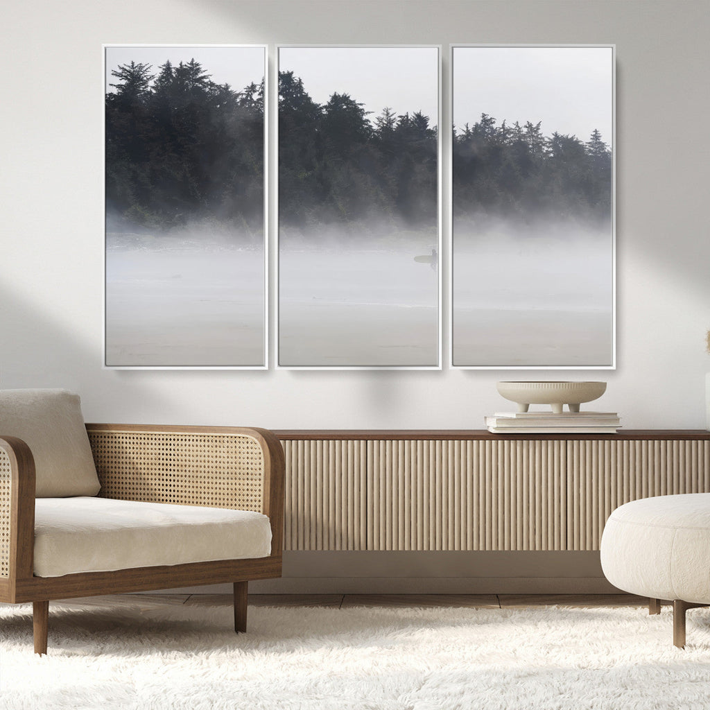 Surfer Fog Wall Art Canvas Print, Framed Foggy Beach and Coastal Surf Scene