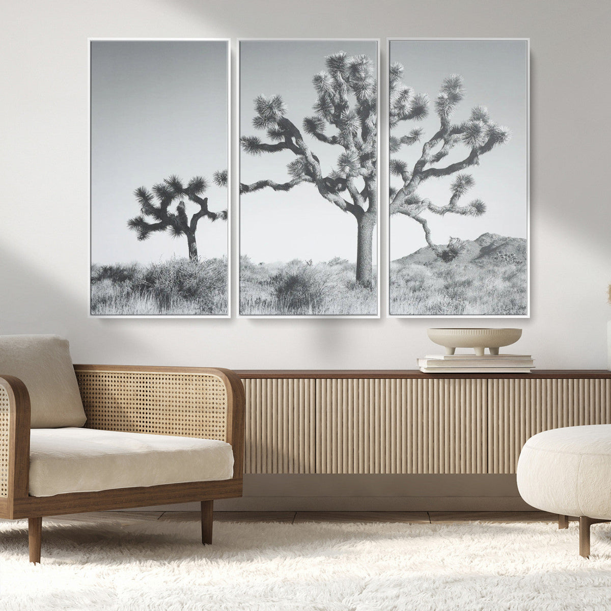 Joshua Tree Wall Art Canvas Print, Framed Black and White Desert Landscape Artwork