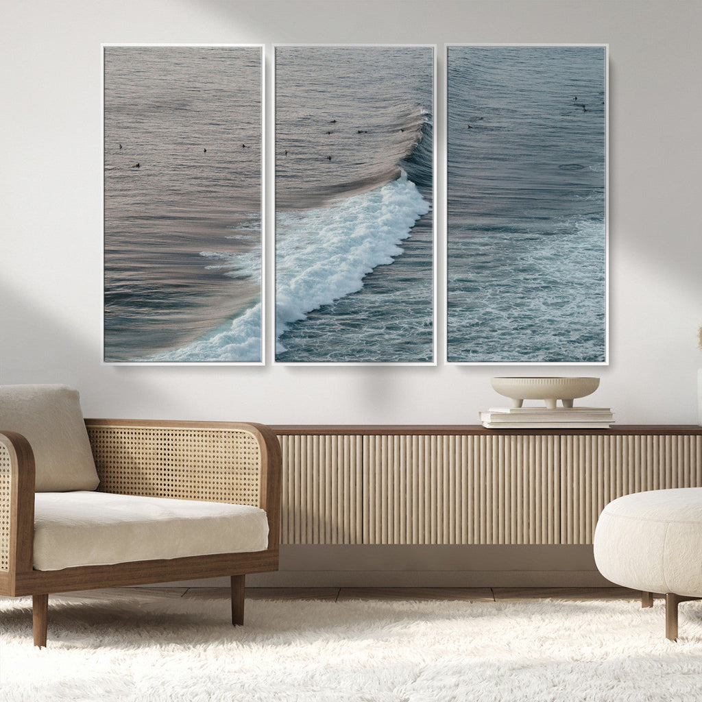 Ocean Waves Wall Art Canvas Print, Framed Coastal Serenity Surf Scene