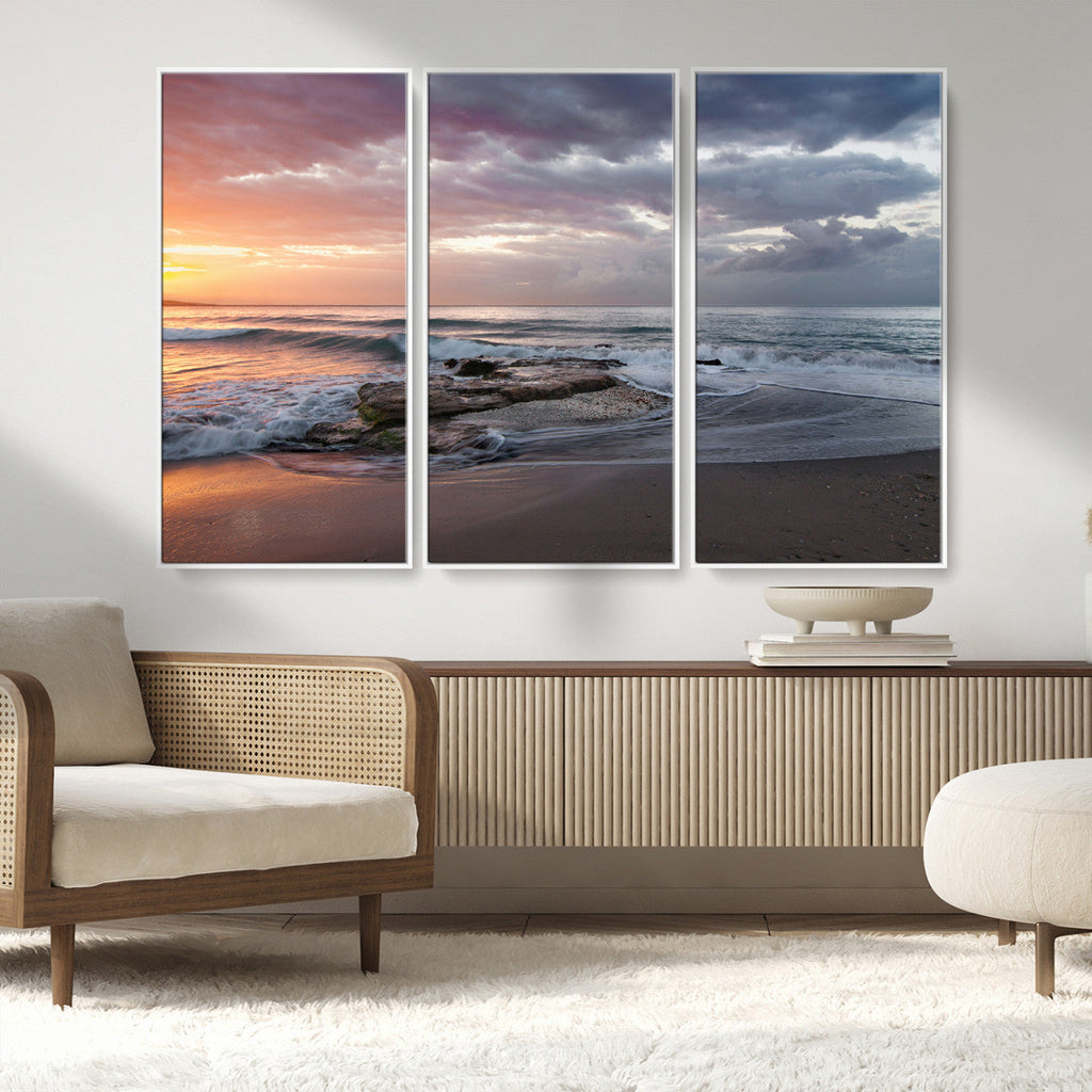 Golden Hour Wall Art Canvas Print, Framed Tranquil Waves Beach Sunset