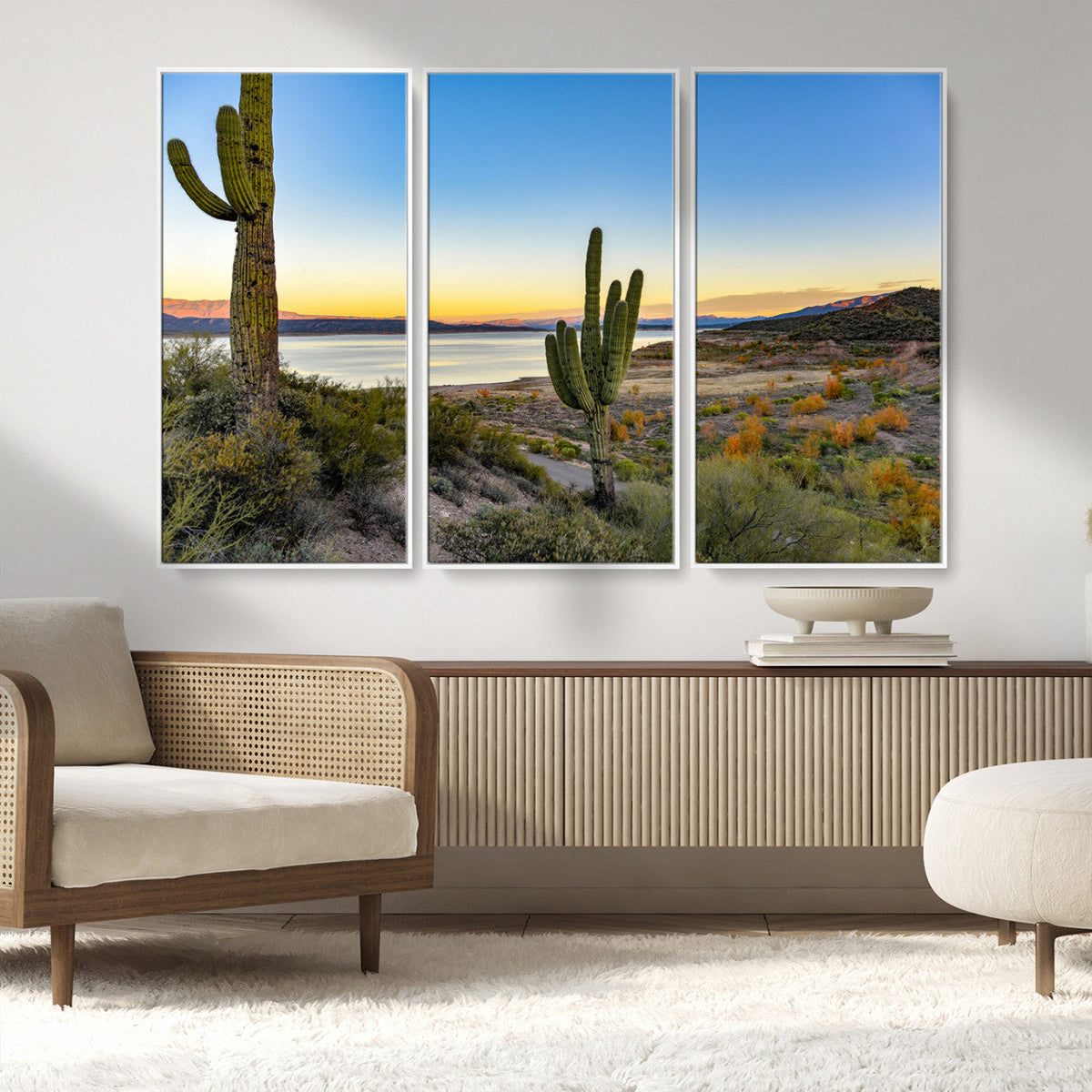 Saguaro Cactus Wall Art Canvas Print, Framed Desert Sunset Southwestern