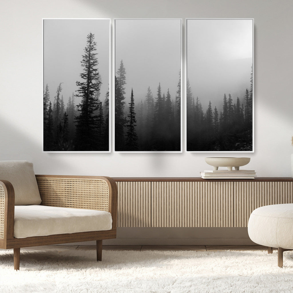 Misty Pines Wall Art Canvas Print, Framed Woodland Minimalist Black and White
