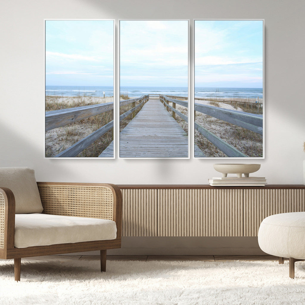 Beach Boardwalk Wall Art Canvas Print, Framed Coastal Serenity Ocean View