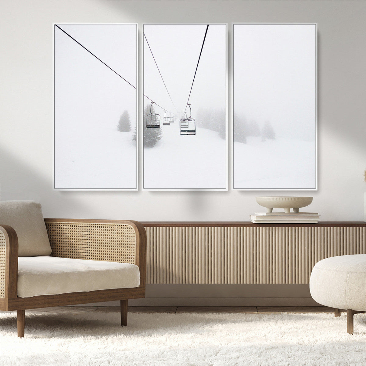 Ski Lift Wall Art Canvas Print, Framed Snowy Landscape Art, Alpine Adventure Nordic Minimalist Decor